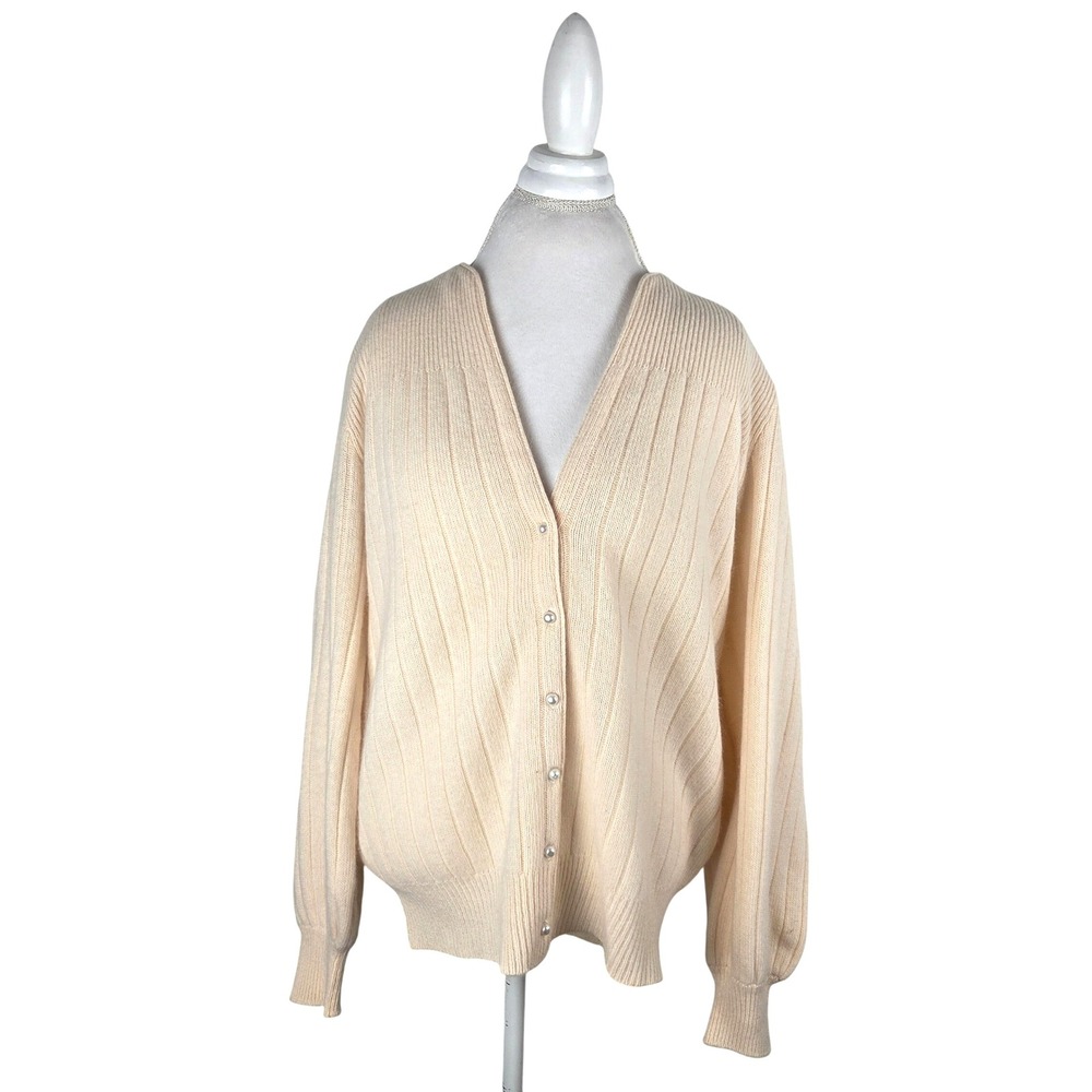 Vtg Victoria Jones Ribbed Cardigan Pearl Button Cream Lambswool Angora Sweater L